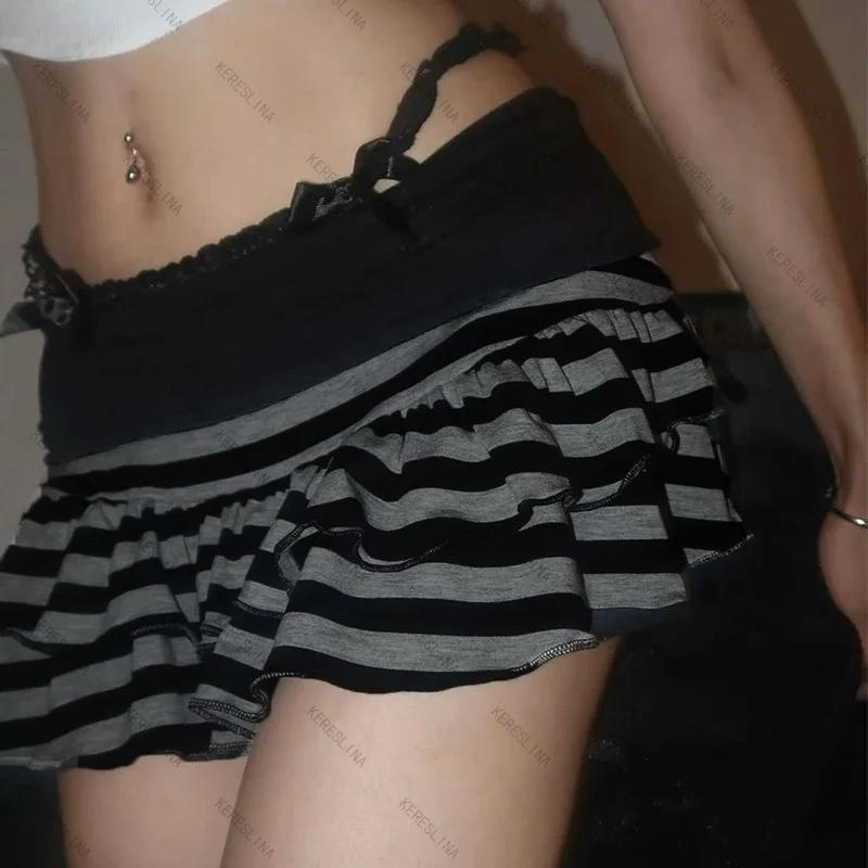 Mini jupe à volants rayée noire et grise, vêtements pour femmes Y2K Grunge, taille haute, taille éla