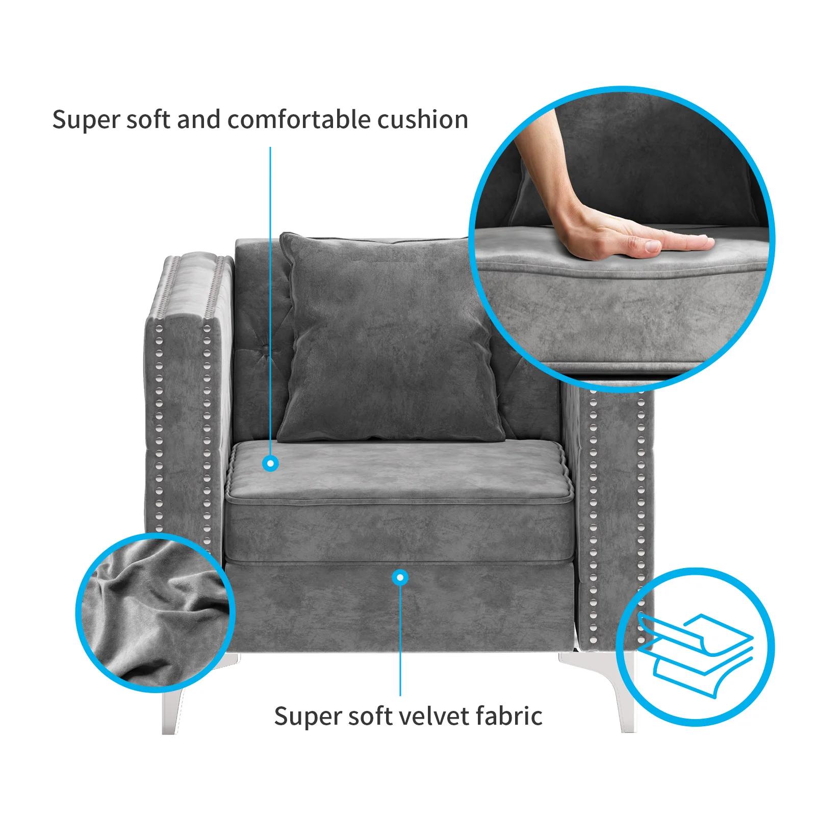 HORGgland O-Fauteuil en velours moderne, chaise d'appoint boutonnée avec coussin de jet et coussin e