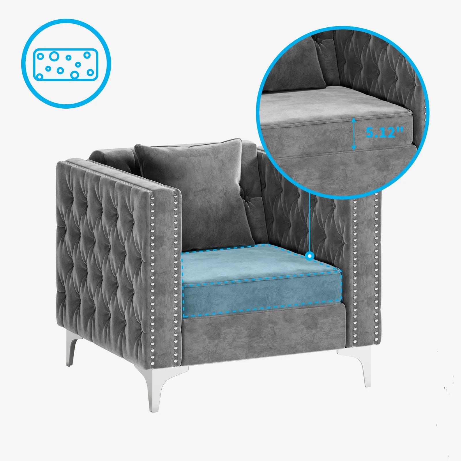 HORGgland O-Fauteuil en velours moderne, chaise d'appoint boutonnée avec coussin de jet et coussin e