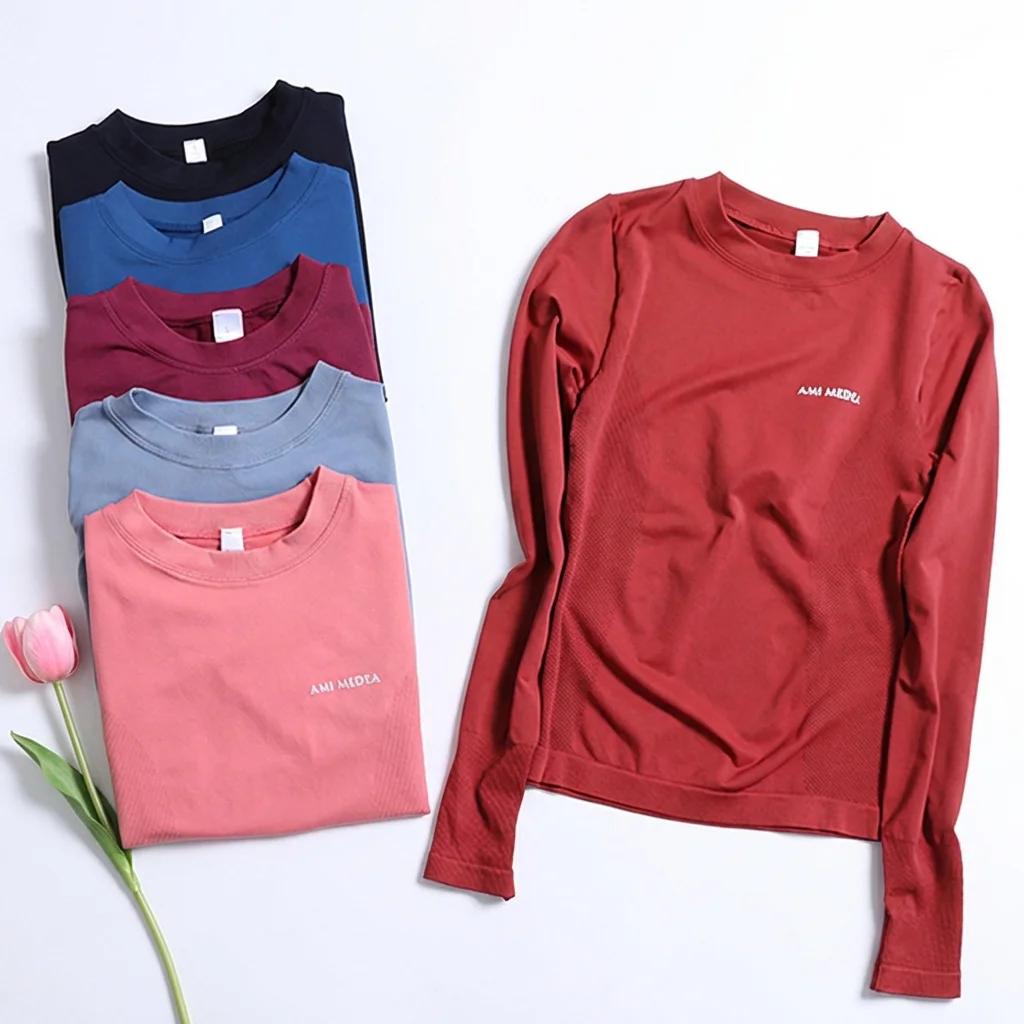 Haut de yoga pour femmes, chemise sans couture, t-shirts de sport, vêtements de fitness, manches lon