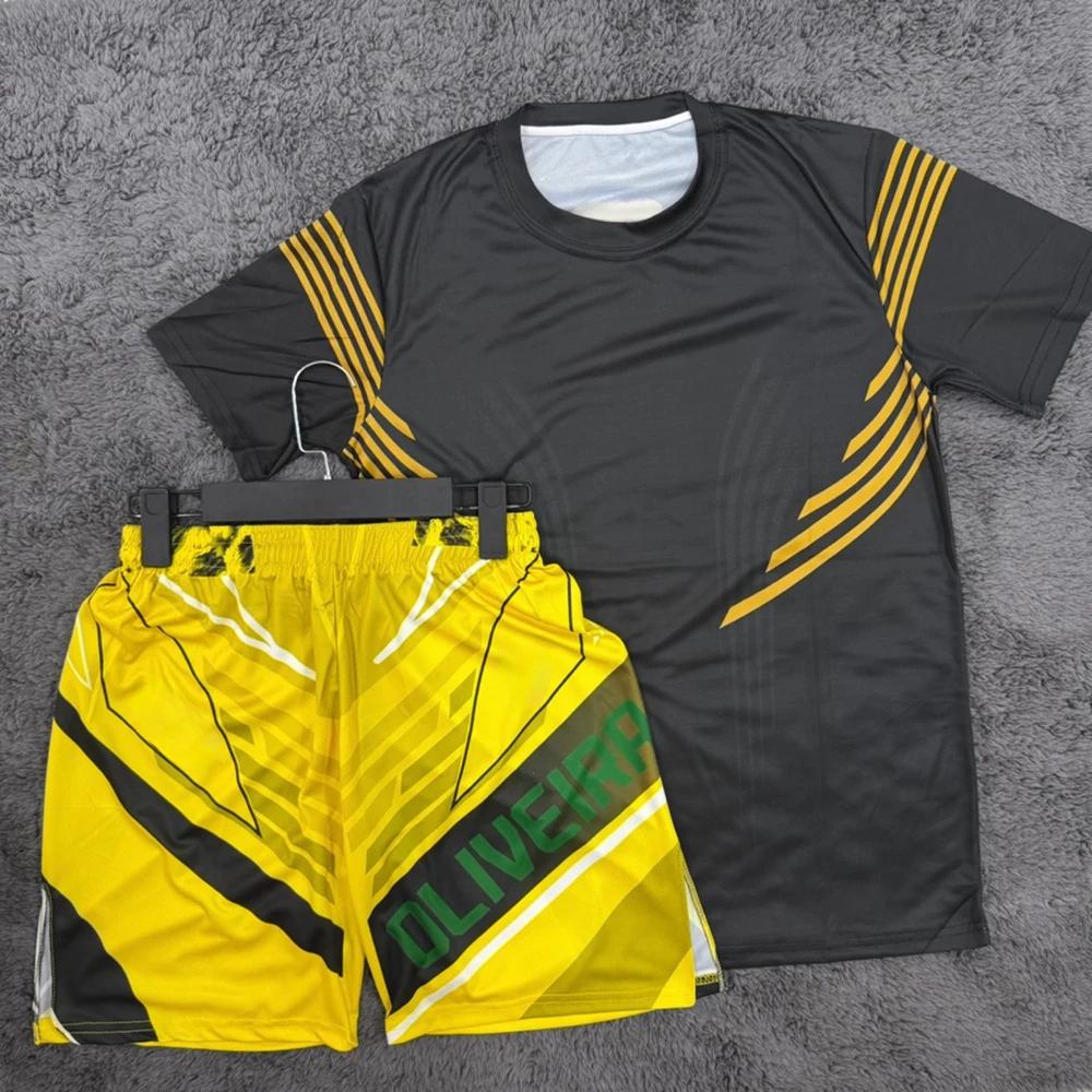 Ensemble de shorts et tee-shirt de combat MMA édition jaune Charles Oliveira pour homme, séchage rap