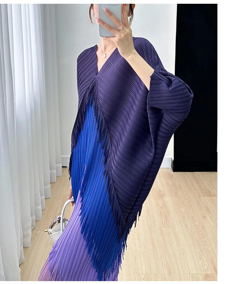 Robe plissée à franges pour femme, col en V, manches chauve-souris, épissure, mode, printemps, été,