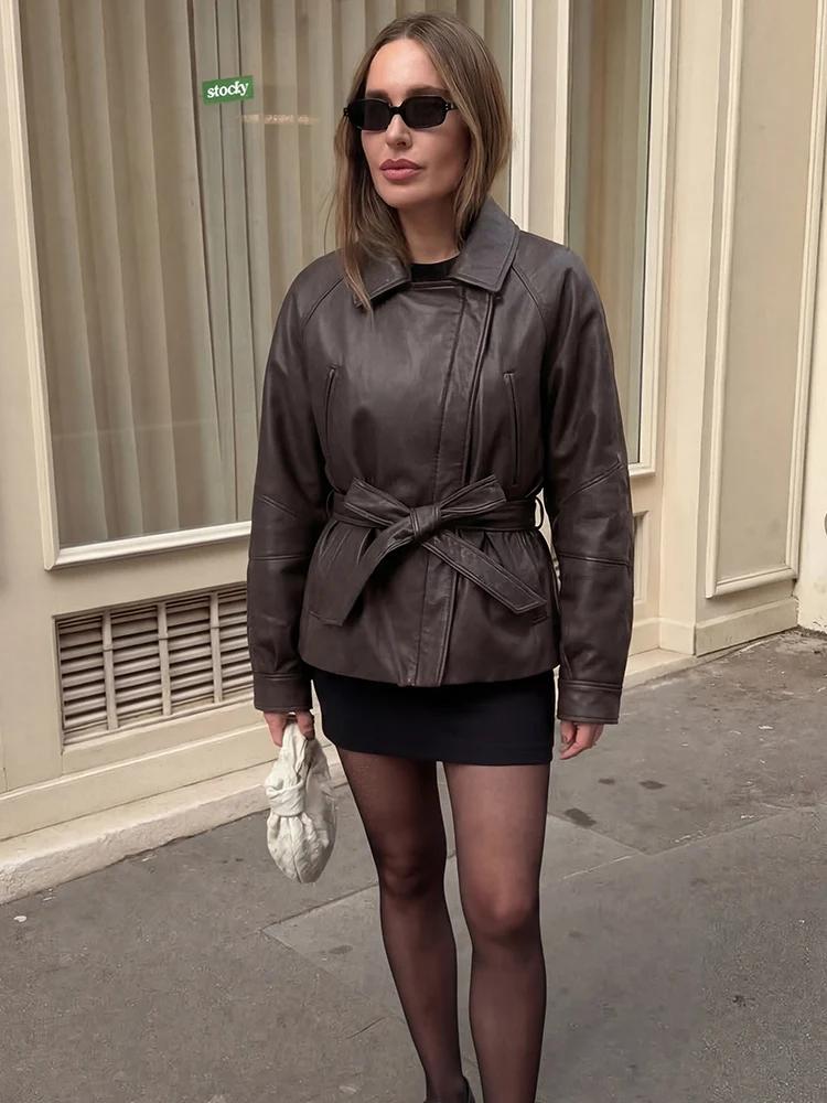 HH Spring Manteau court vintage pour femme en similicuir PU avec ceinture, à manches longues et col