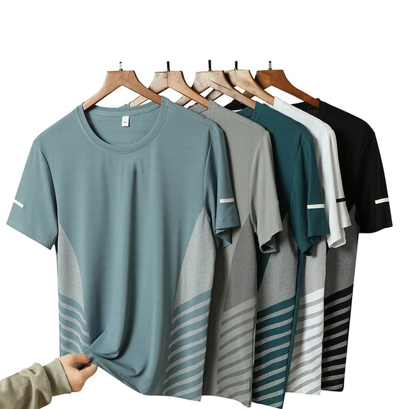 T-shirt de course à manches courtes pour hommes, haut fin en soie glacée, impression réfléchissante,