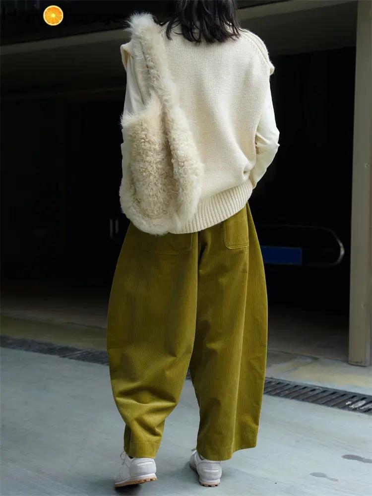 HanOrange-Pantalon large en velours côtelé pour femme, périphérie paresseuse, taille élastique, déco