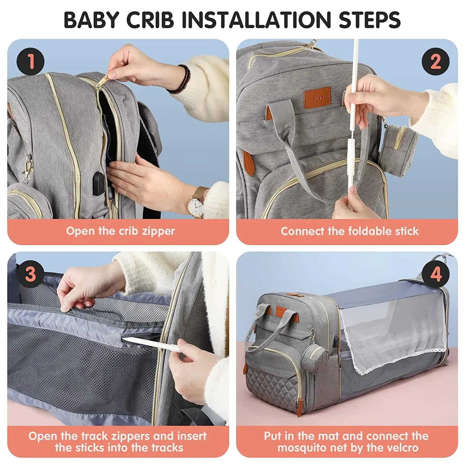 Sac à langer 3 en 1, sac à dos pliable pour lit de bébé, sac de voyage étanche avec chargeur USB, sa