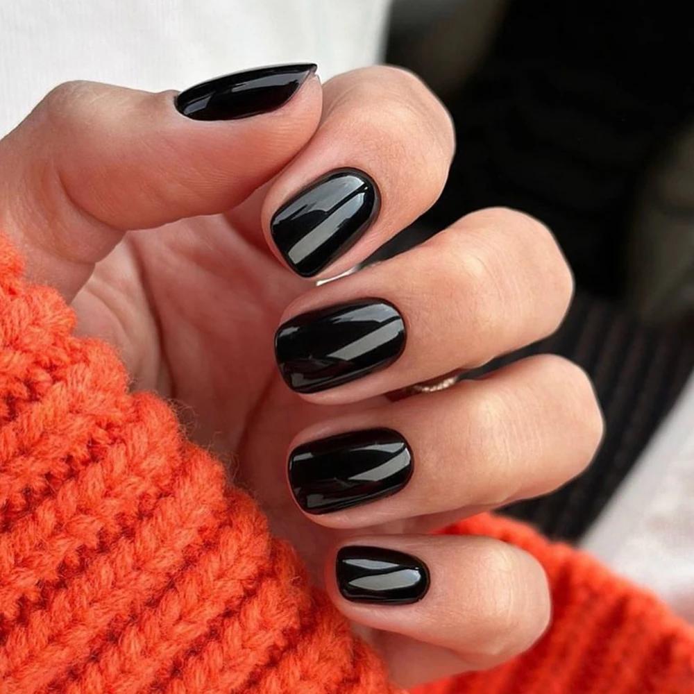 Faux ongles noirs brillants classiques, couverture complète, à pression, courts, ronds, réutilisable