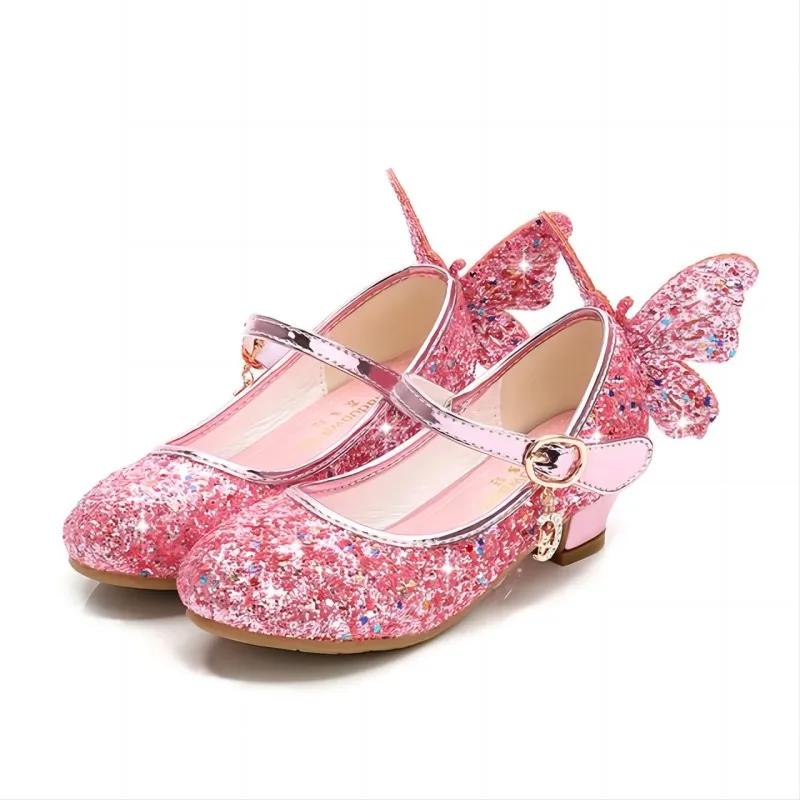 Chaussures princesse papillon en cuir pour enfants, chaussures à talons hauts avec nœud papillon en