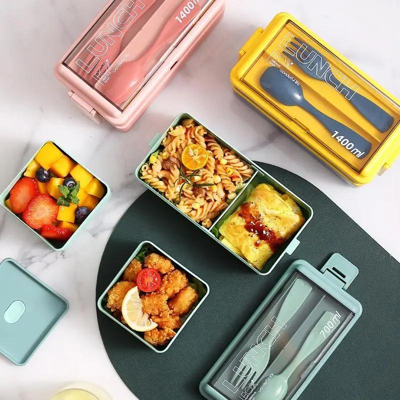 Boîte à déjeuner Portable Double couche pour enfants, avec fourchette et cuillère, boîtes à Bento po