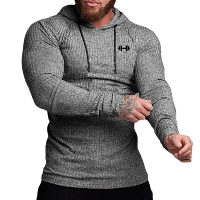 Printemps automne hommes course T-shirts à capuche mince côtelé tricoté sport chandails bande classi