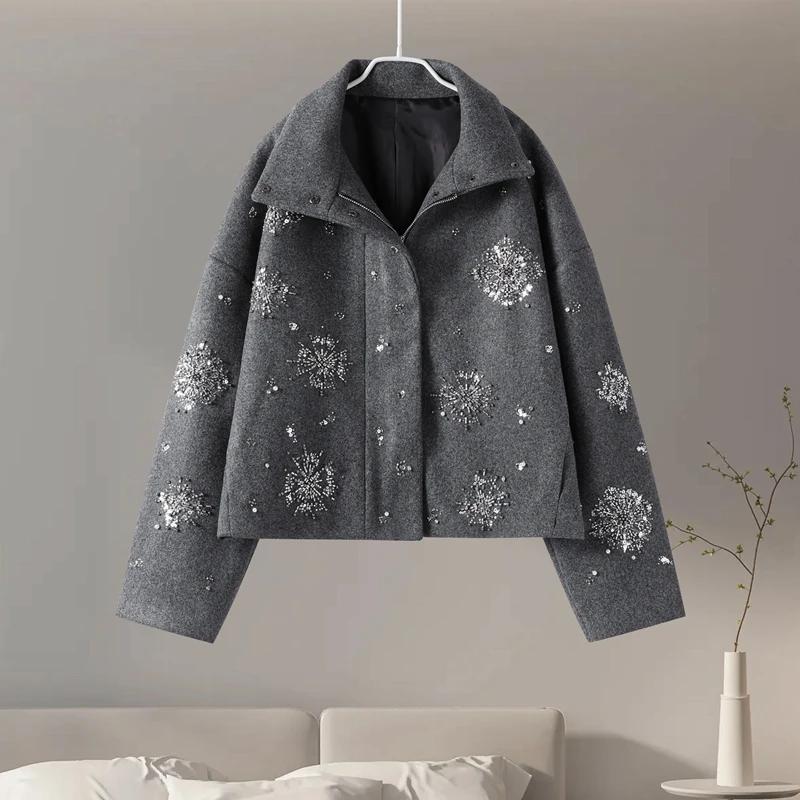 Manteau chic luxueux à perles pour femmes, vêtements d'extérieur en laine, vestes à manches longues,