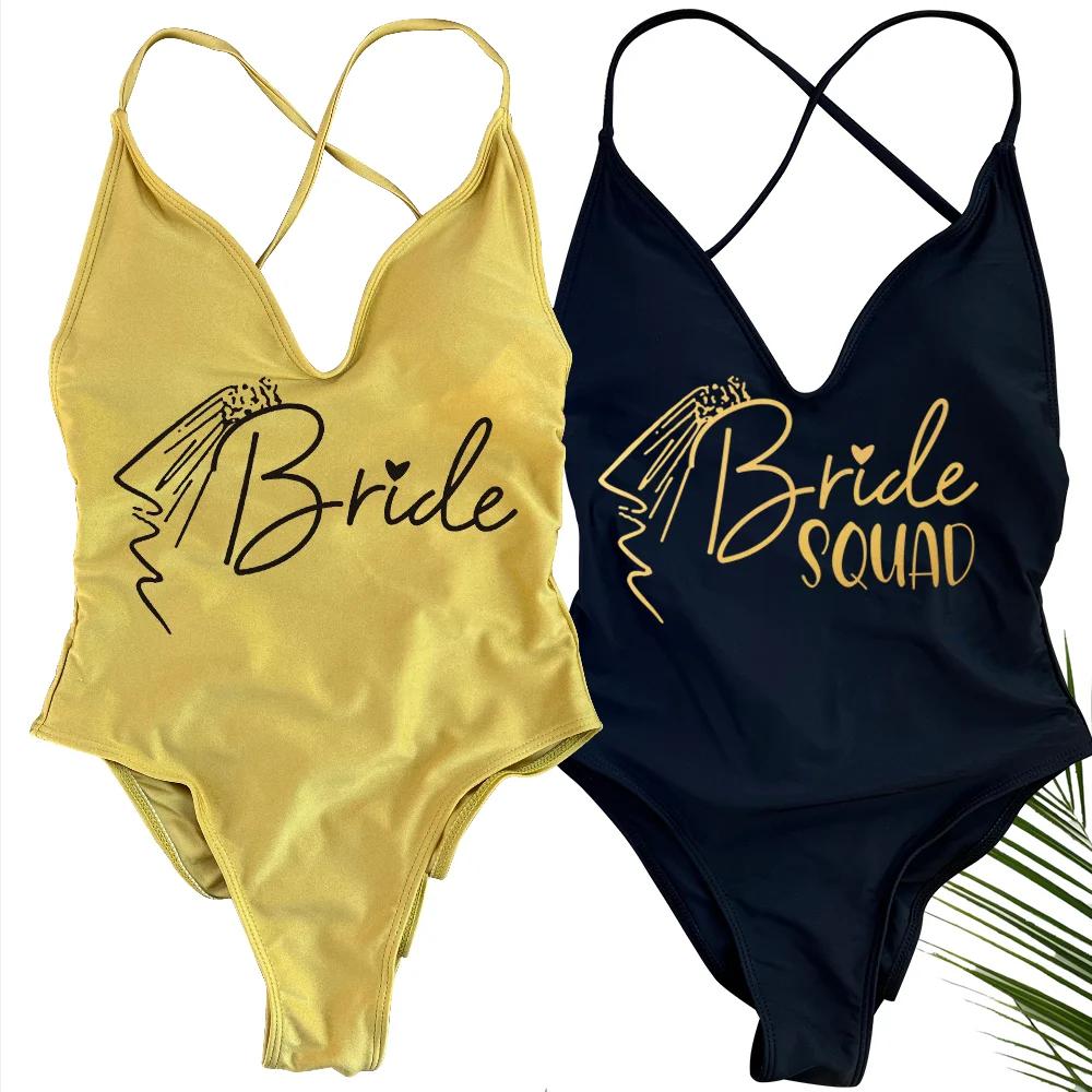 Voile rembourré une pièce maillot de bain mariée SQUAD lettre maillot de bain imprimé femmes Bikini