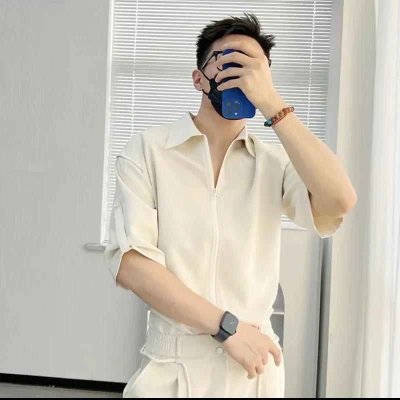 Fermetures éclair chemises pantalons costumes pour hommes plaine respirant vêtements d'été nouveau c