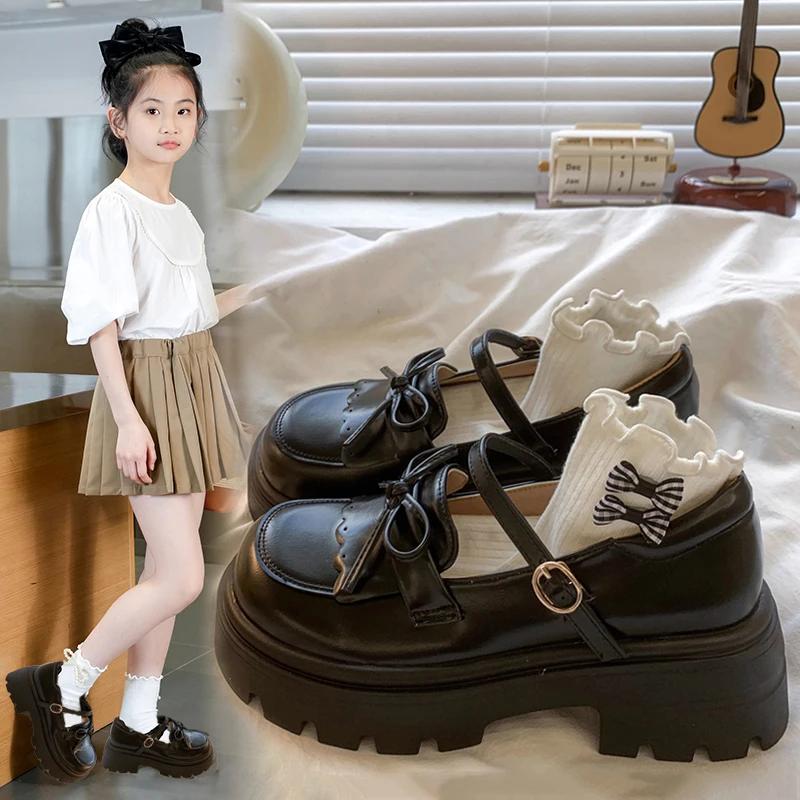 Chaussures enfants en cuir noir Mary Janes filles chaussures nœud semelle épaisse chaussures de fête