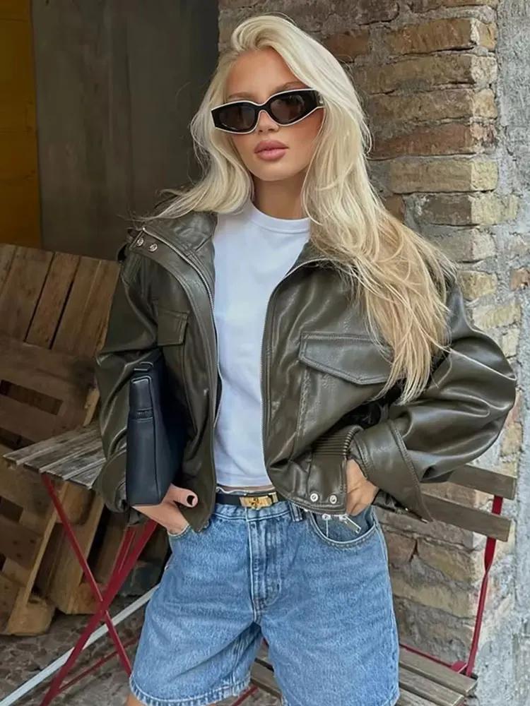 HH femmes Faux cuir recadrée veste vintage Bomber vestes avec poches à manches longues manteaux ferm