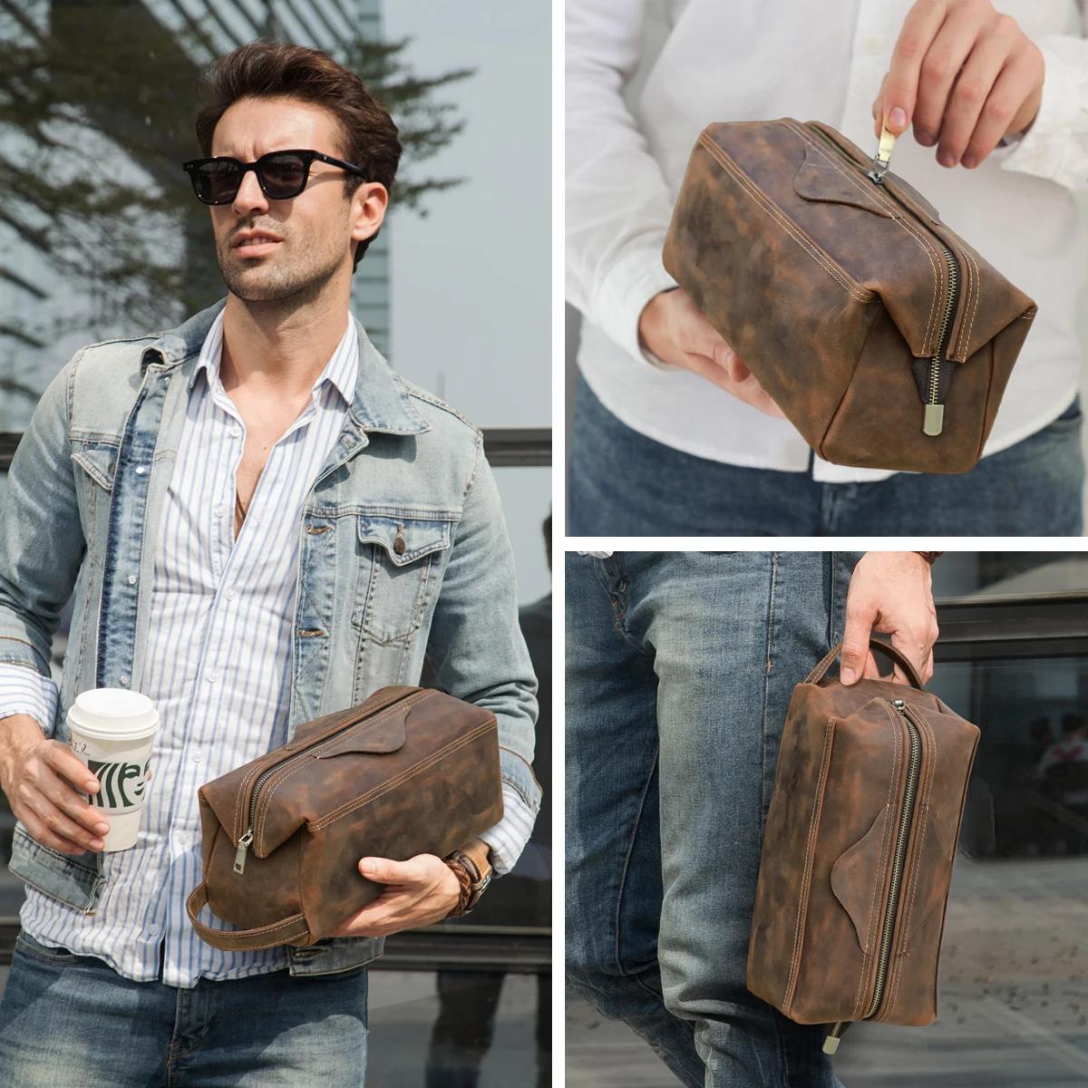 Trousse de toilette en cuir véritable pour hommes et femmes, sac à cosmétiques, trousse de toilette