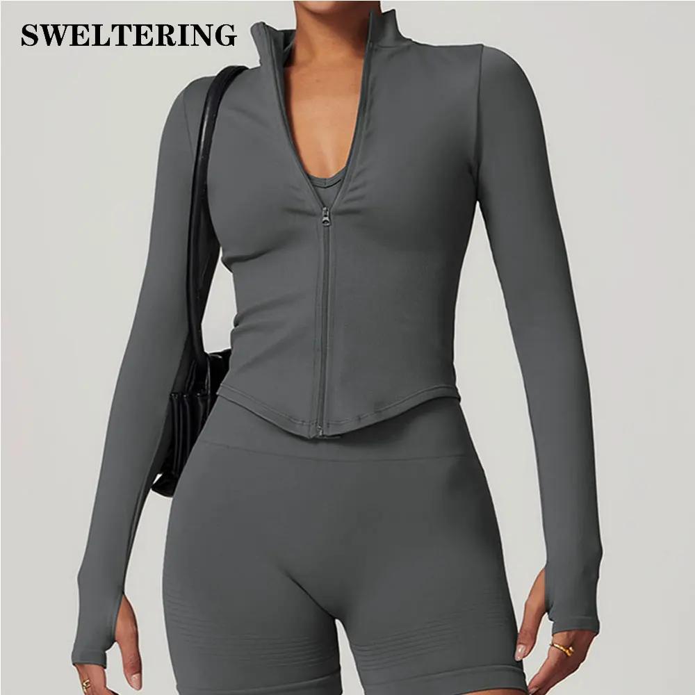 Veste à fermeture éclair pour femmes, haut court, T-shirts de Yoga, haut de Sport solide, chemises d