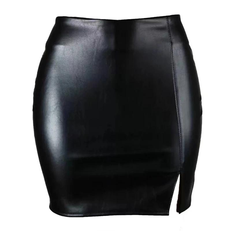 Jupe Sexy en cuir noir pour femmes, taille haute, enveloppée sur les hanches, confortable, fendue, c