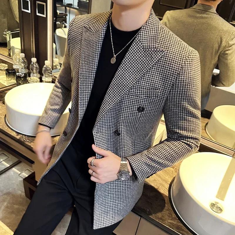 Blazer pied-de-poule pour hommes, Style britannique, Double boutonnage, coupe cintrée, veste de cost