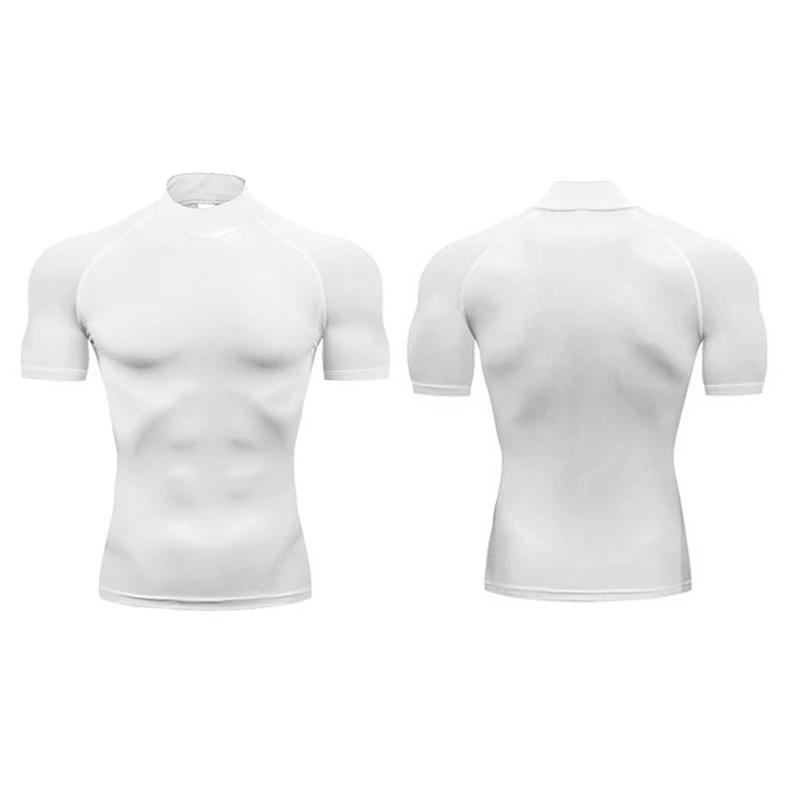 T-shirts à Compression unie pour hommes, T-shirts de course d'été à col roulé, élastiques à séchage