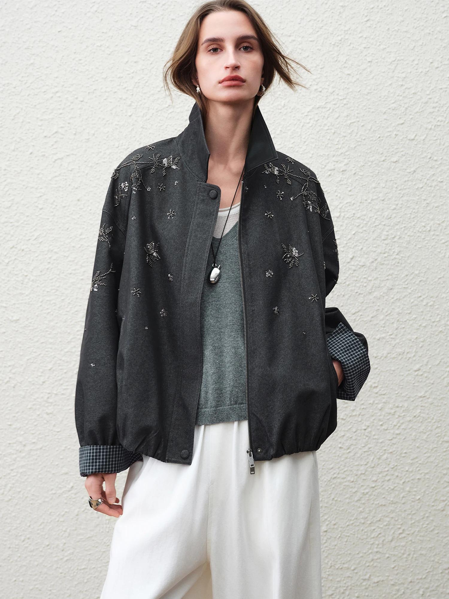 FSLE 【Série Premium】 2026 Manteau pour femme perlé à col en cuir, à manches longues, coupe ample, de