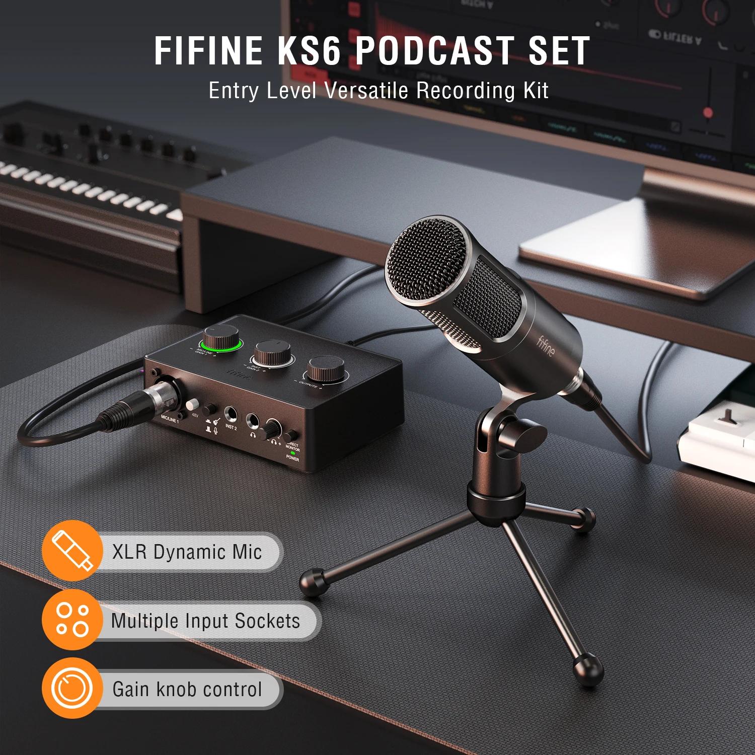 FIFINE-Kit Podcast avec Micro ociamique/Carte Son, Studio Tout-en-un avec Centre Audio pour PC Strea