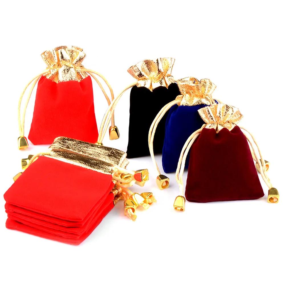 Sac cadeau en velours avec bord de couleur dorée, 25/50 pièces/lot, 5x7 7x9 9x12cm, sac d'emballage