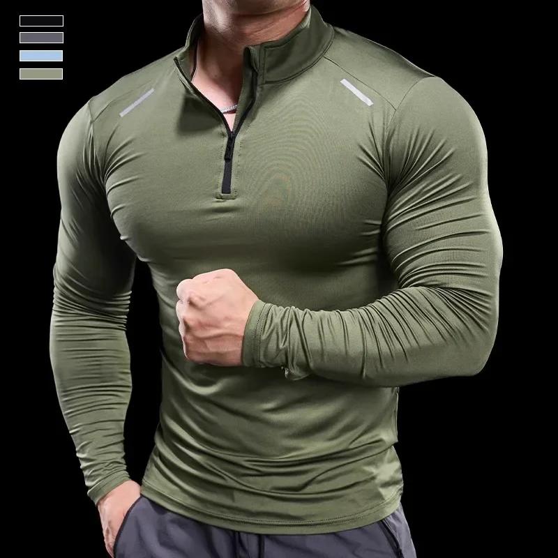 T-shirt à manches longues avec col montant et fermeture éclair pour homme, élastique, serré, t-shirt