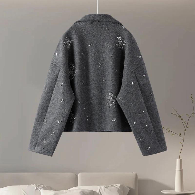 Manteau chic luxueux à perles pour femmes, vêtements d'extérieur en laine, vestes à manches longues,