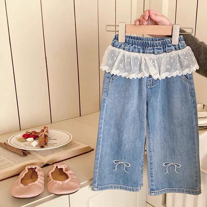 Pantalon en jean brodé avec dentelle pour filles, nouveau jean à nœud brodé, vêtements pour enfants,