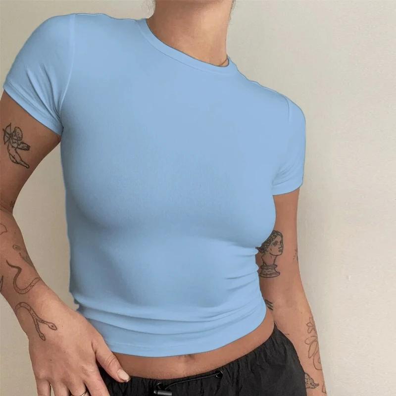 Femme vêtements à manches courtes T-shirt coupe ajustée hauts femme col rond tricoté gaine T-shirt v
