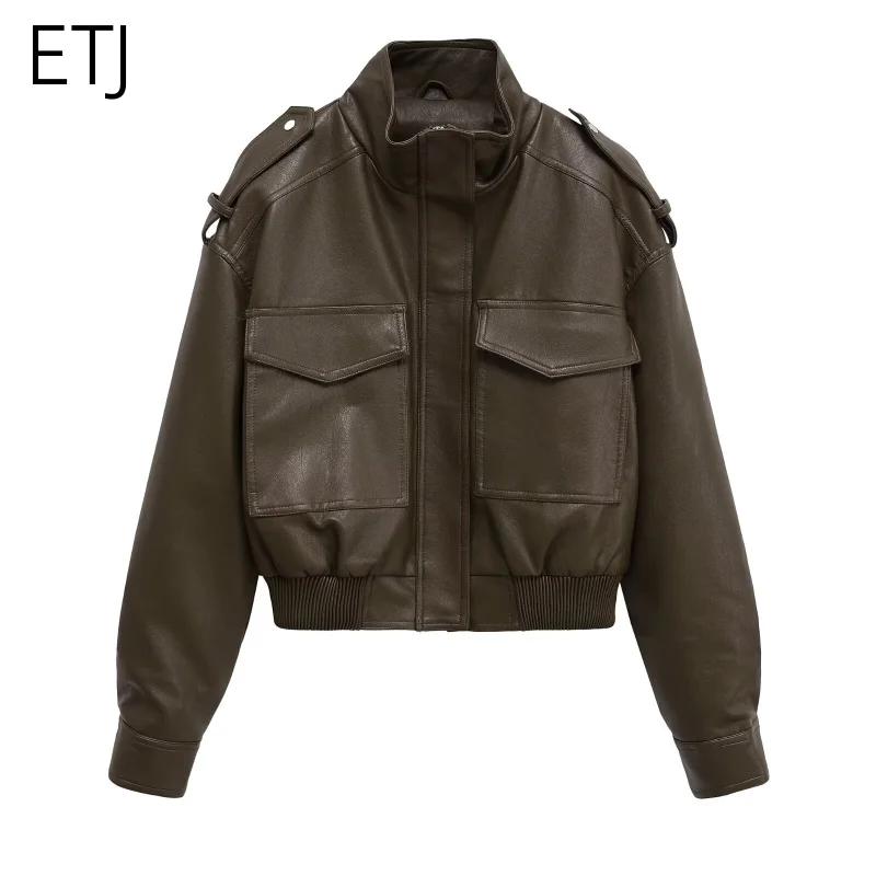 ETJ 2025 Nouvelle collection femme : veste courte moto col montant Y2K grande poche veste en simili