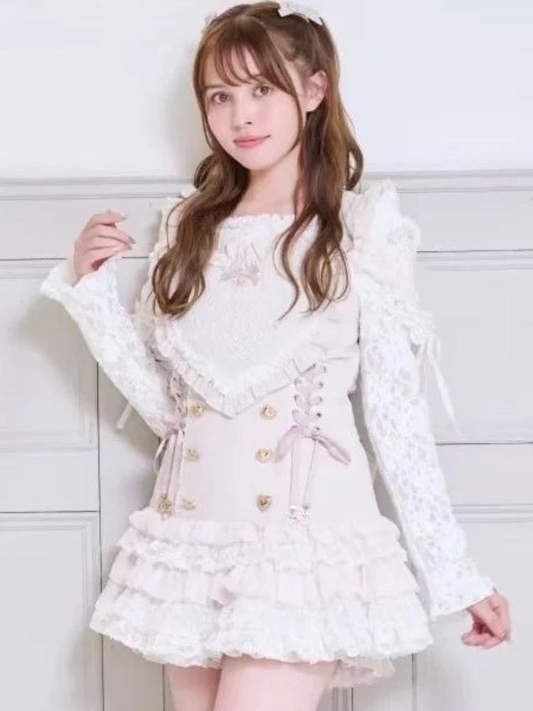 Ensemble 2 pièces japonais Y2K Lolita pour femmes, robe à bretelles en dentelle brodée de cœur + Min