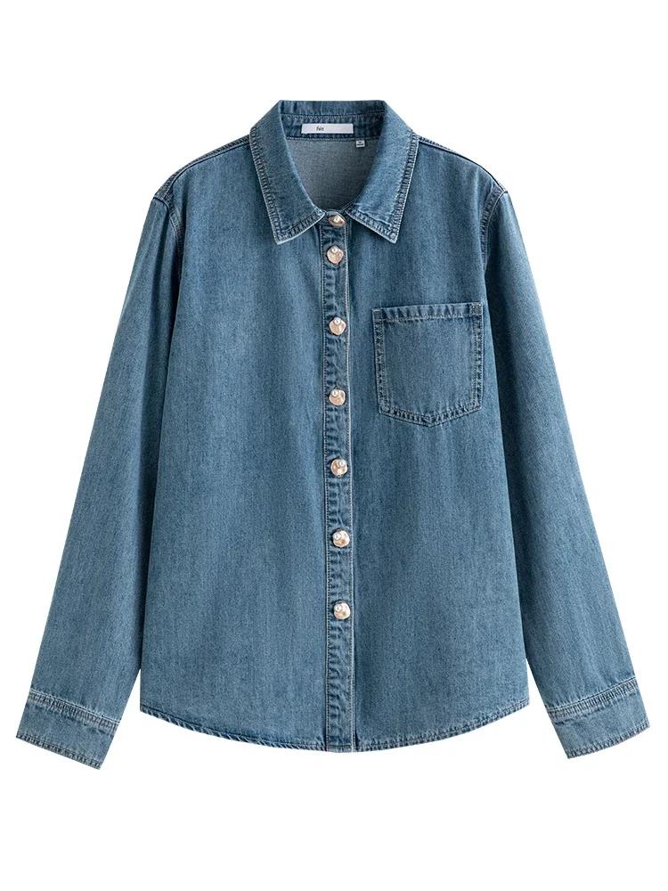 FSLE-Chemise en denim bleu doux pour femme, chemise à col en V empilable, chemise décontractée, chem