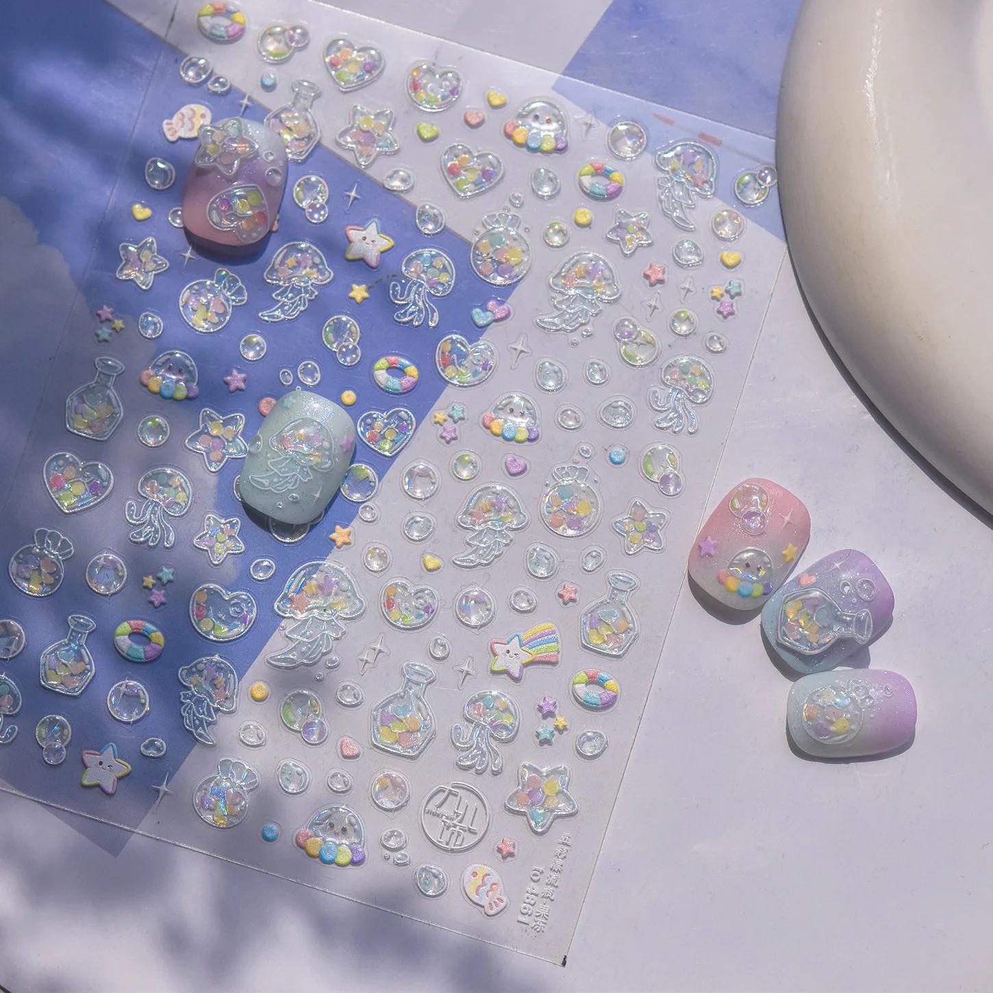 Bulles brillantes étoiles rêveur océan coquille conque étoile de mer méduse coloré 5D Nail Art autoc