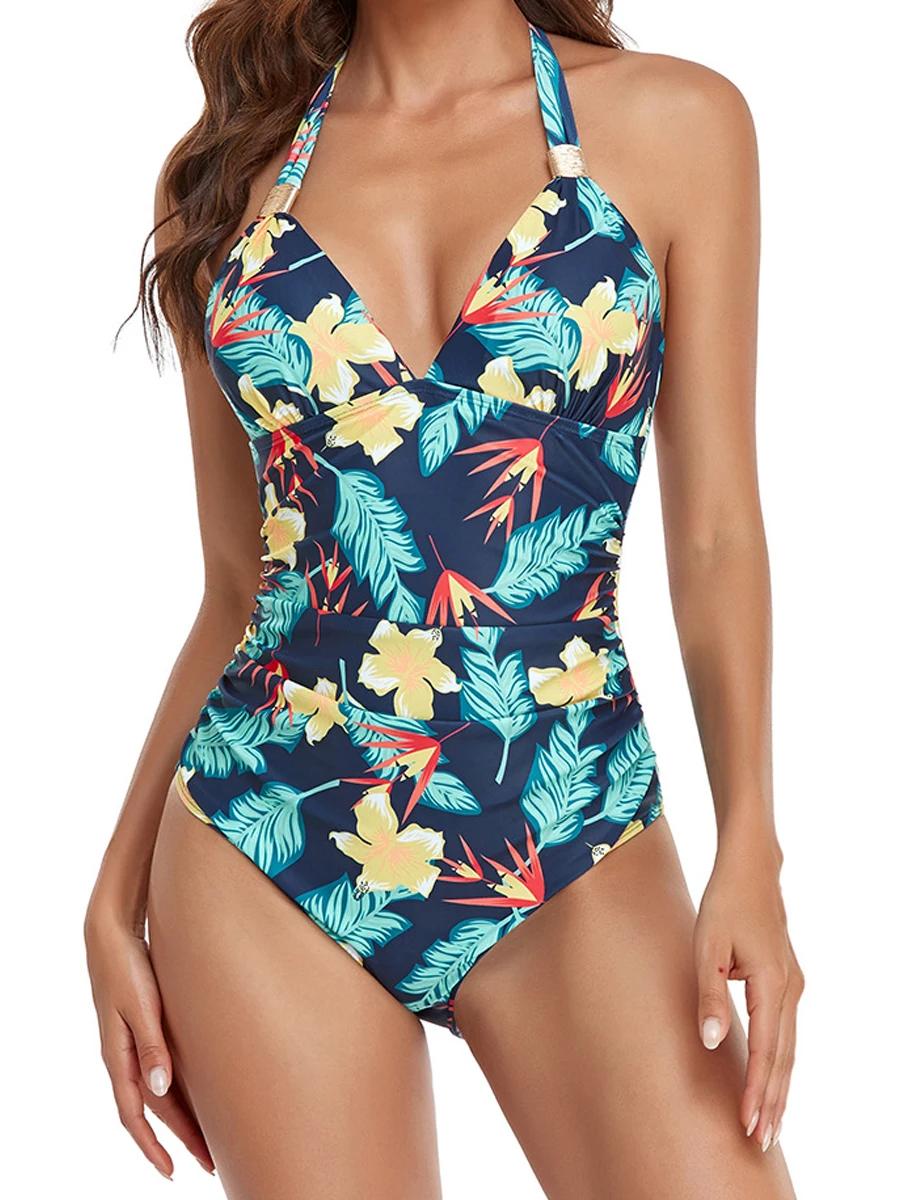 Sexy licou imprimé maillot de bain une pièce maillots de bain vintage femmes dos nu maillot de bain