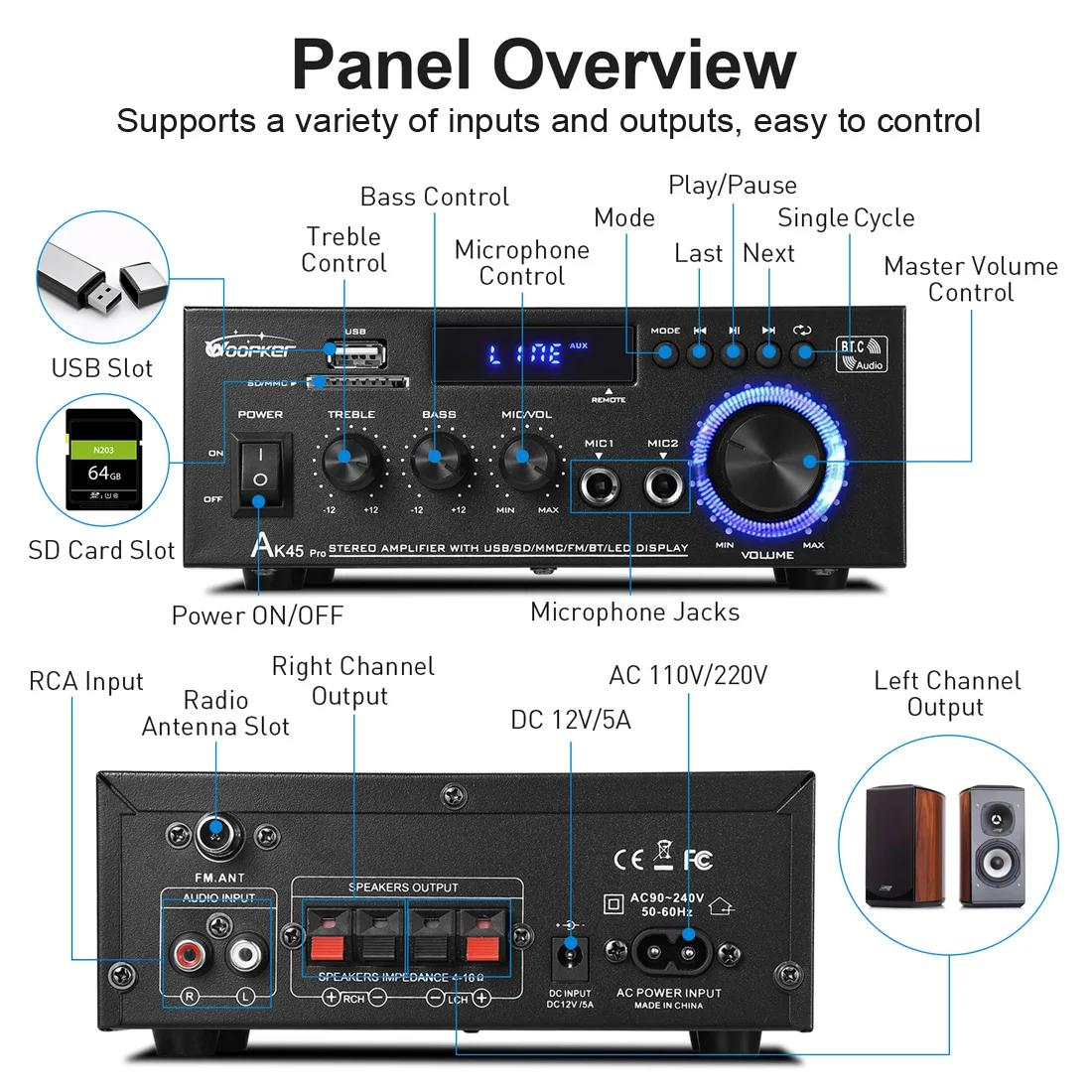 Woopker amplificateur de puissance stéréo AK45 Pro Max 820W 2 canaux Bluetooth 5.0 lecteur d'ampli H