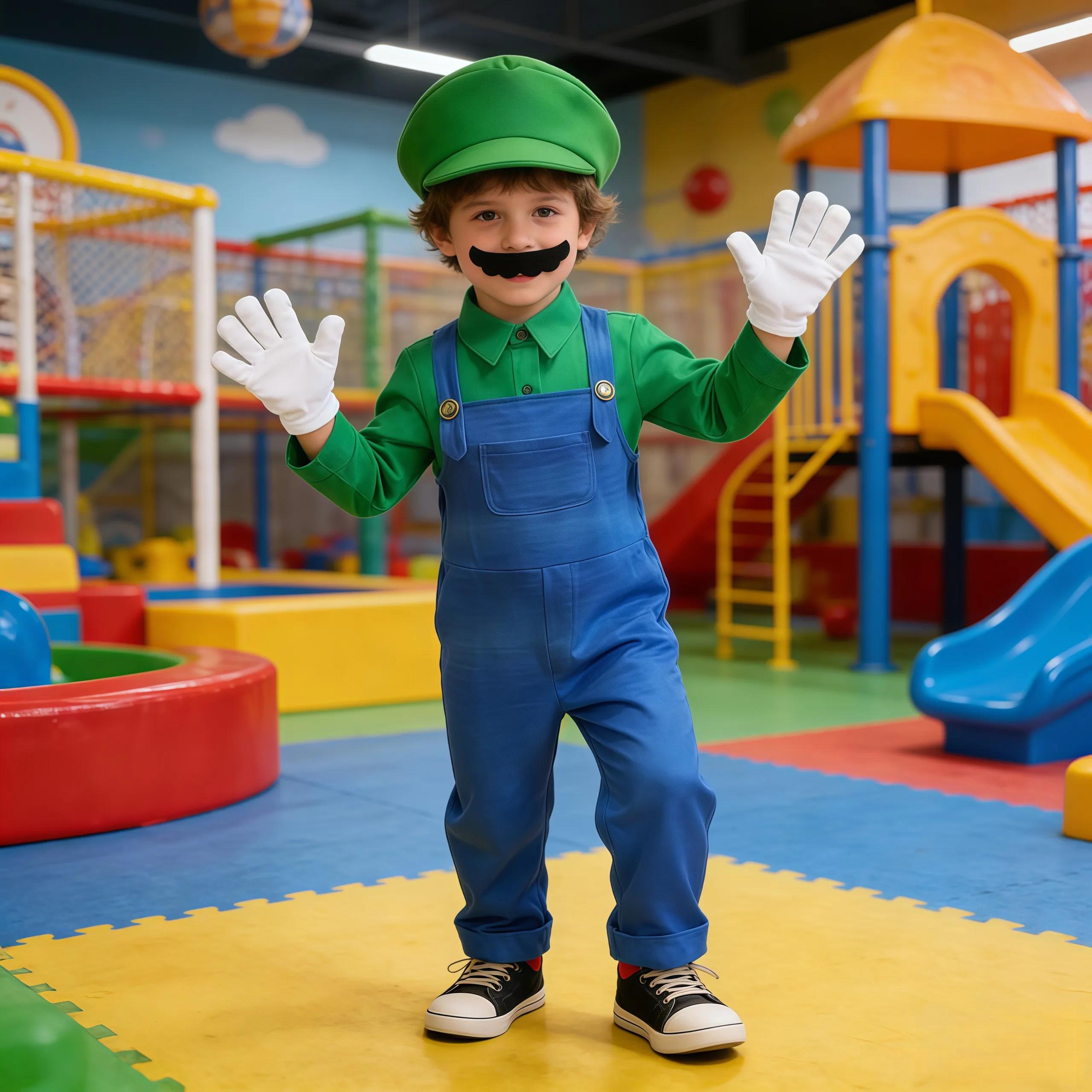 Chemise de jeu Anime Bros Boys rouge et verte avec salopette pour enfants, costume de fête d'Hallowe