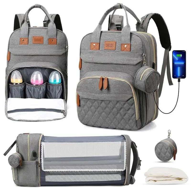 Sac à langer 3 en 1, sac à dos pliable pour lit de bébé, sac de voyage étanche avec chargeur USB, sa