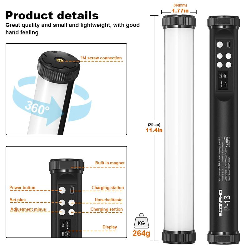Soonpho P13 RGB Led bâton de lumière vidéo avec trépied 2500K-8500K CRI 95 + Studio de photographie