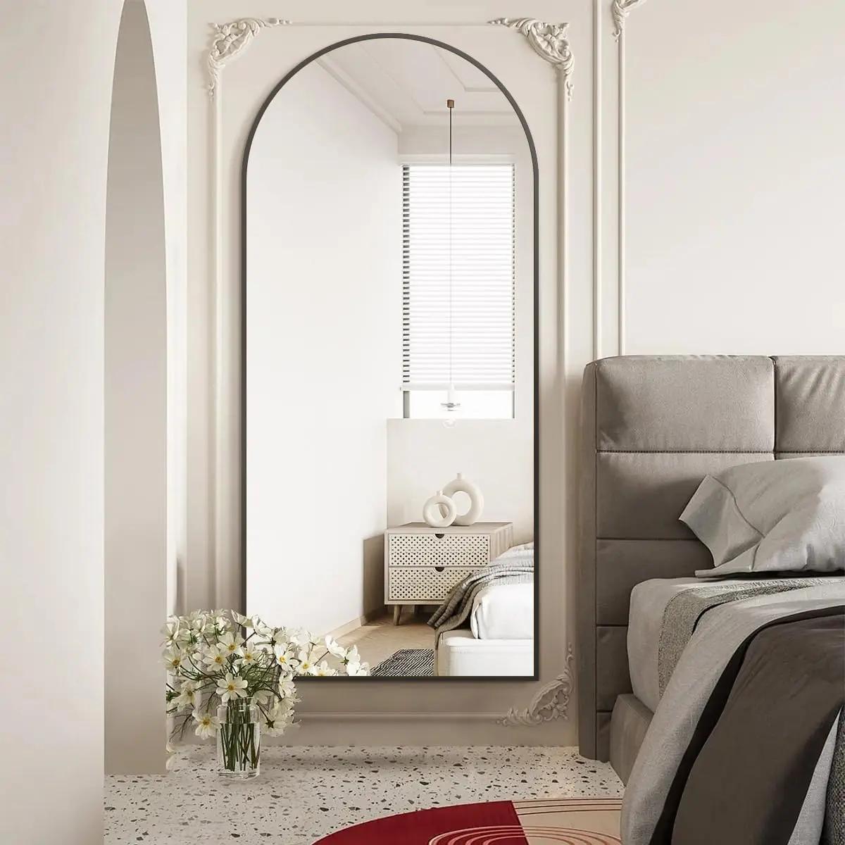 Miroir pleine longueur arqué, grand miroir de sol avec cadre en alliage d'aluminium, miroir sur pied