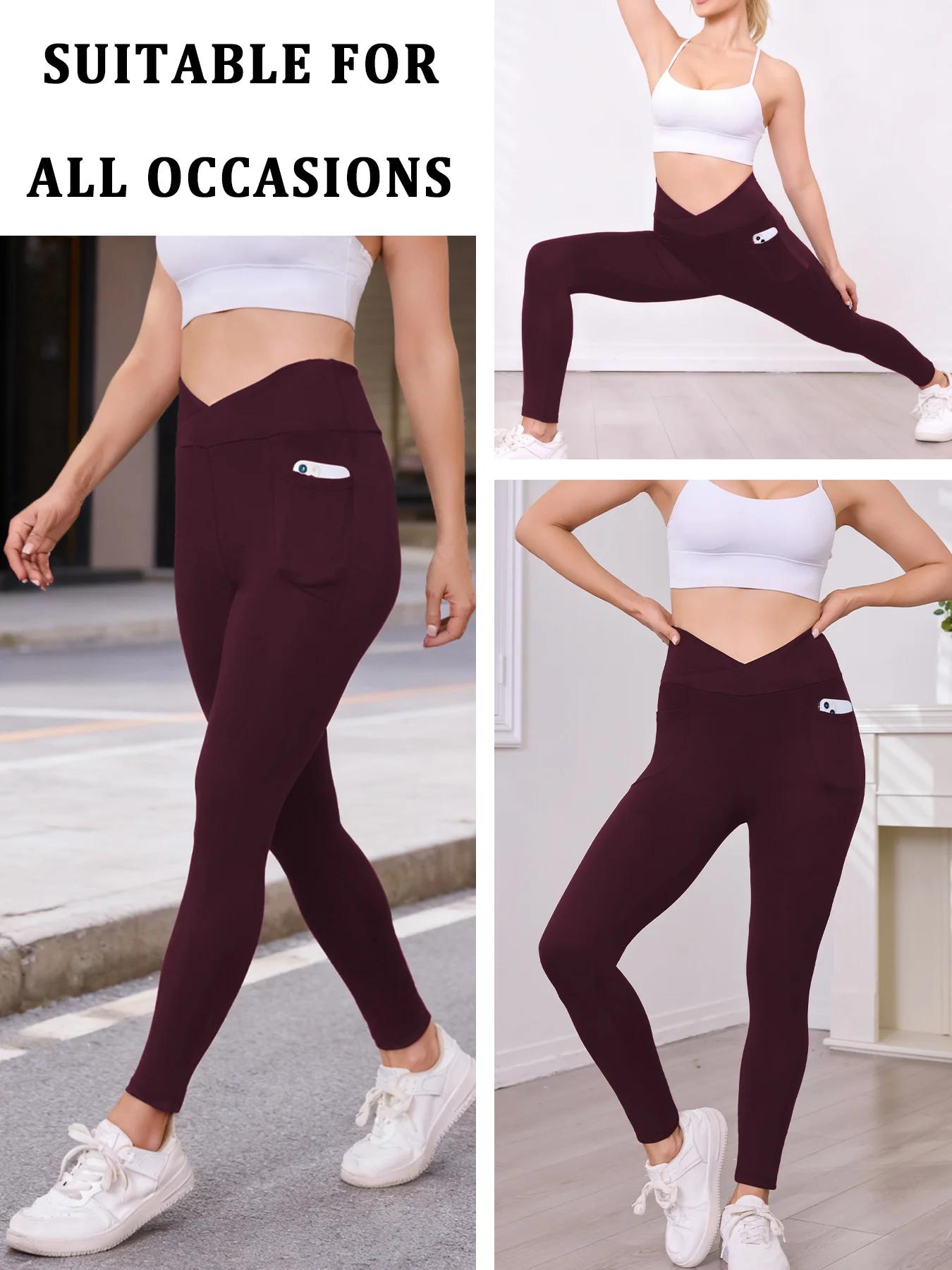 Legging taille haute croisé super doux pour femme avec poches, effet ventre plat, non transparent, i