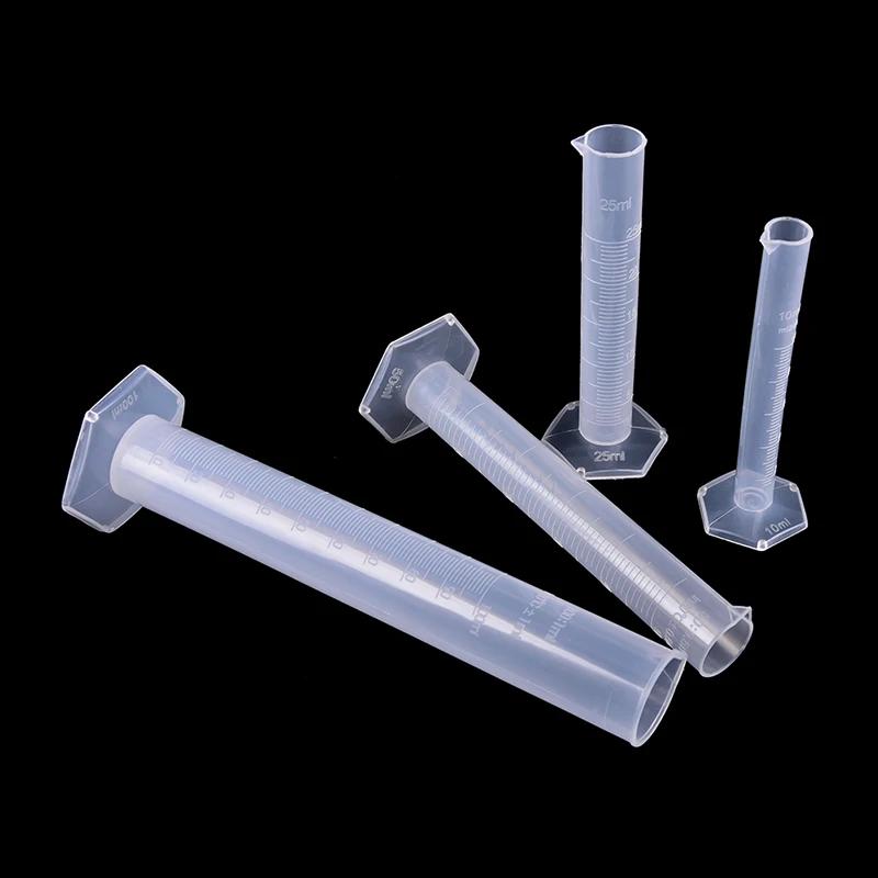 Tube gradué de test de laboratoire en plastique, intervalles de mesure, 10 ml, 25 ml, 50ml, 100 ml,