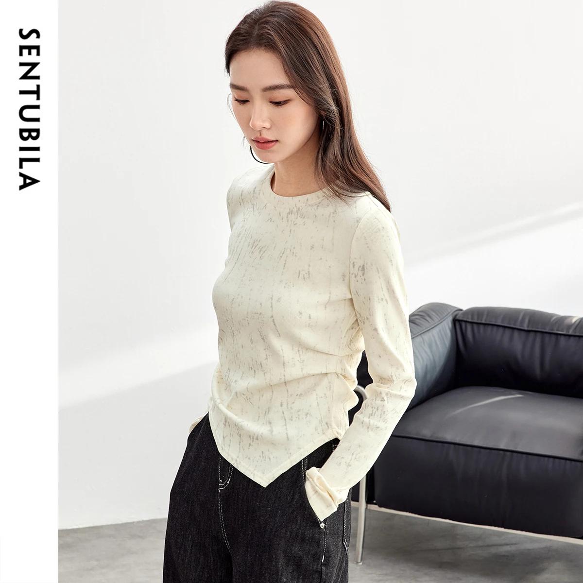 T-shirt en coton imprimé SENTUBILA pour femme, plissé irrégulier, tricoté, col rond, manches longues