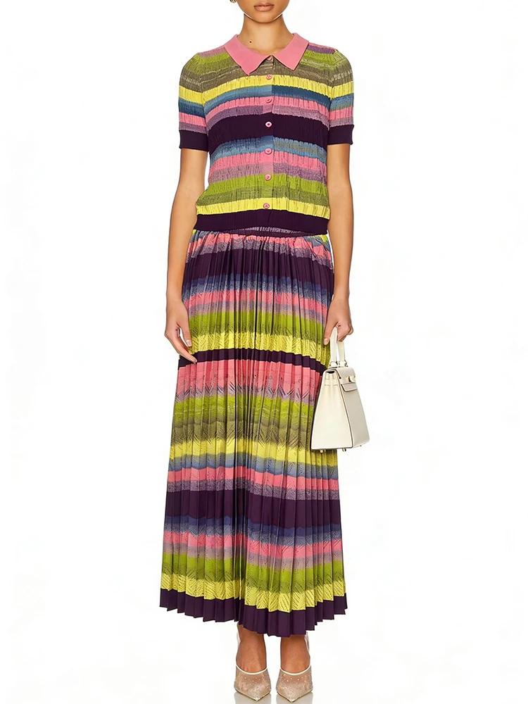 Ensemble deux pièces tricoté élastique rayé couleur rétro : cardigan et jupe plissée ample – Collect