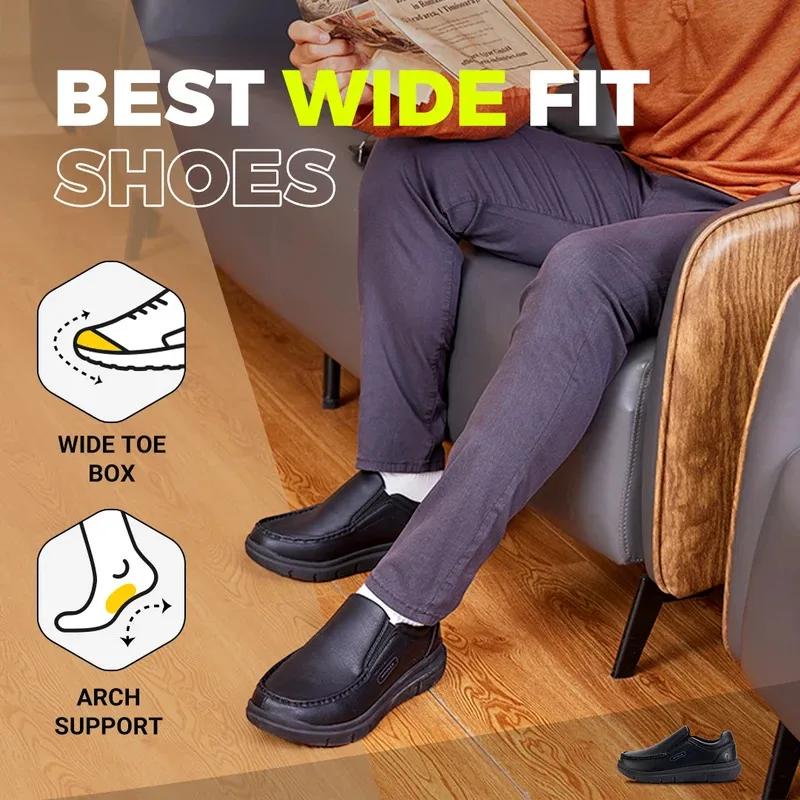 Fitville chaussures en cuir pour hommes large largeur 2E chaussures décontractées à enfiler légères