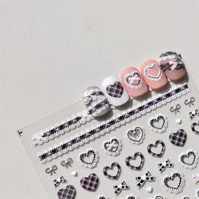 Autocollants en dentelle pour ongles, 1 pièce, motif cœur d'amour, rose, blanc, noir, auto-adhésif,