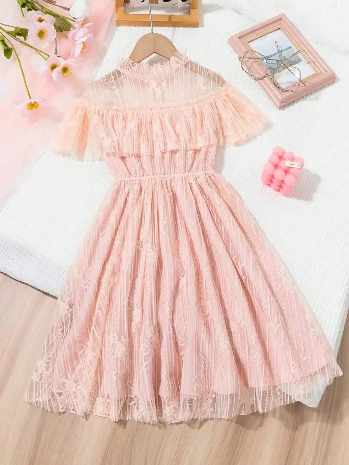 Robe de princesse en dentelle de style coréen, couleur unie, légèrement élastique, coupe ajustée pou