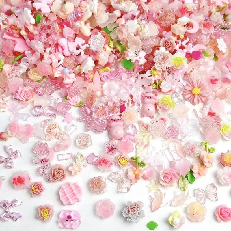Breloques en résine 3D pour les ongles, mélange aléatoire, rose doux, fleur rose, accessoires de déc