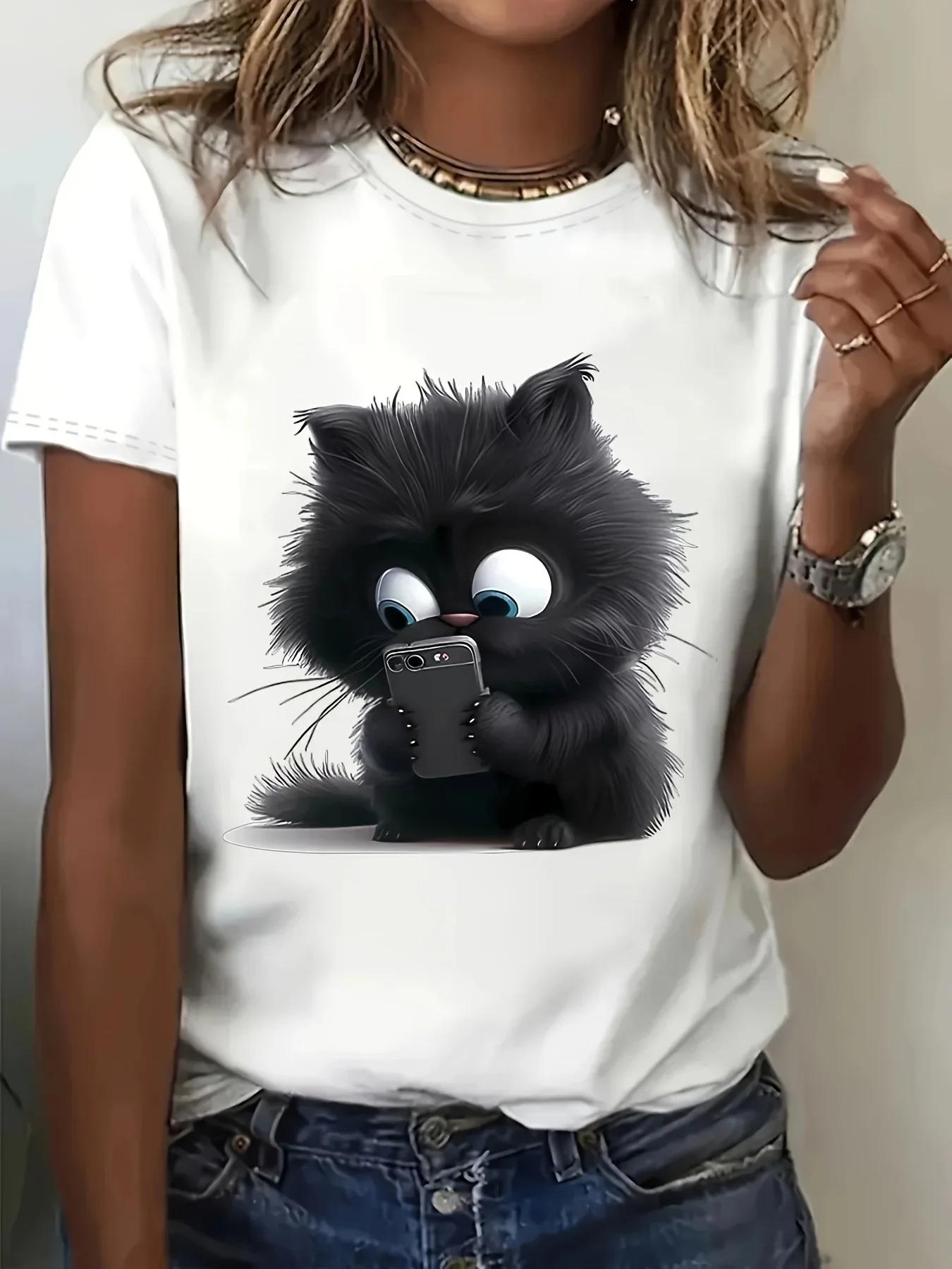 Fantaisie dessin animé chat imprimé T-Shirt col rond manches courtes T-Shirt décontracté pour les am